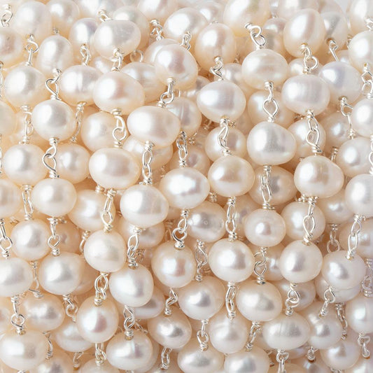 6.5x5mm Off White Side Drilled Oval Pearl .925 Silver Chain by the foot 29 beads
