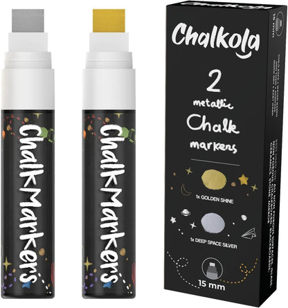 Metallic Chalk Markers (2 Pack) Liquid Chalk Pens for Blackboards, Chalkboard, Bistro Menu, Window Markers for Cars - Wet Wipe Erasable - 15Mm Jumbo Nib