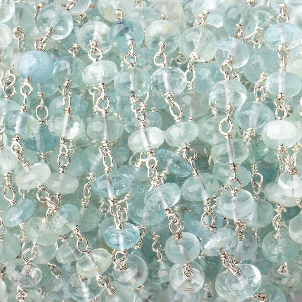 6mm Aquamarine Plain Rondelle Beads on .925 Sterling Silver Chain