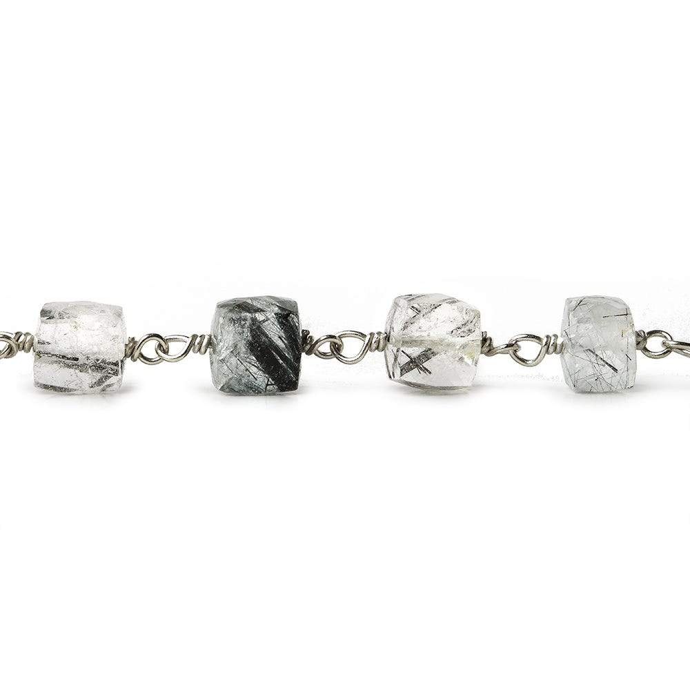 6mm Black Tourmalinated Quartz Faceted Cube Sterling Silver Chain by the foot