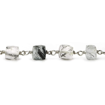 6mm Black Tourmalinated Quartz Faceted Cube Sterling Silver Chain by the foot