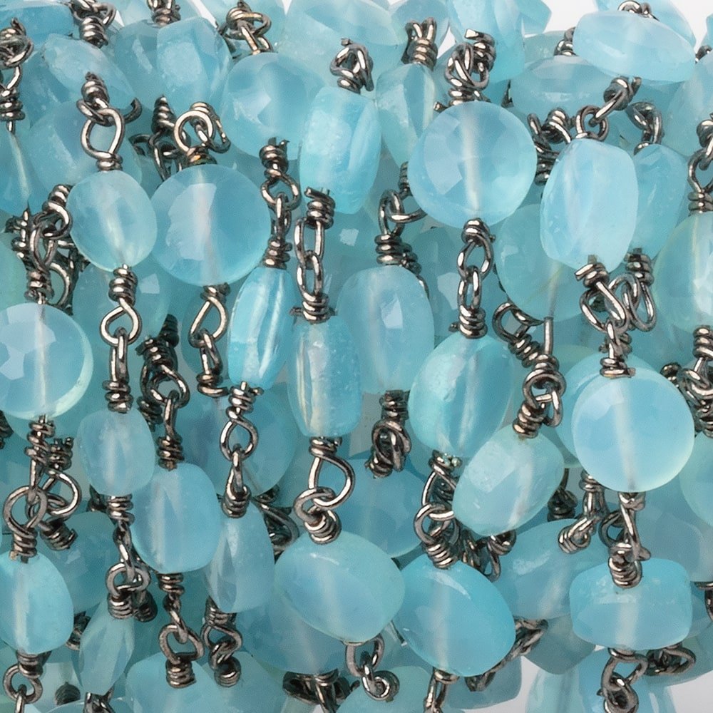 6mm Blue Chalcedony Faceted Coins on  Black Gold Plated Chain