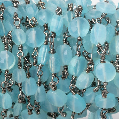 6mm Blue Chalcedony Faceted Coins on  Black Gold Plated Chain