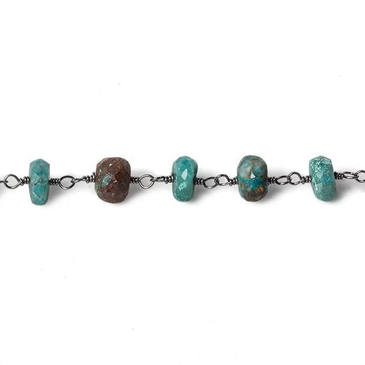 6mm Chrysocolla faceted rondelle Black Gold Chain by the foot 30 pcs