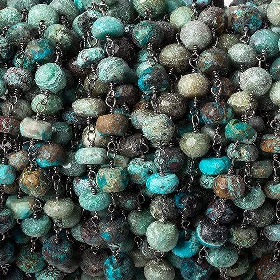 6mm Chrysocolla faceted rondelle Black Gold Chain by the foot 30 pcs