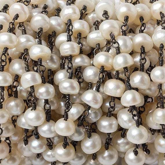 6mm Cream Button Freshwater Pearl Black Gold .925 Chain by the foot 28 beads