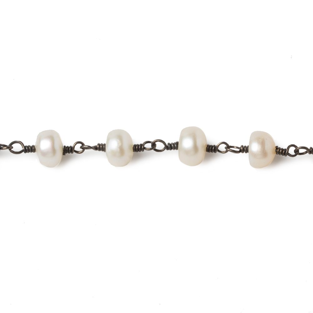 6mm Cream Button Freshwater Pearl Black Gold .925 Chain by the foot 28 beads