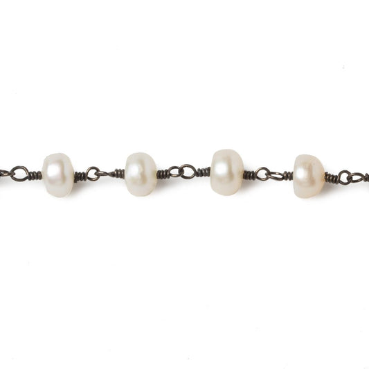6mm Cream Button Freshwater Pearl Black Gold .925 Chain by the foot 28 beads