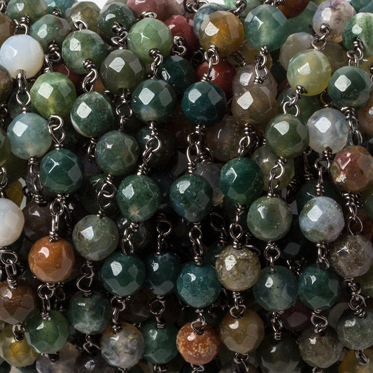 6mm Fancy Jasper faceted round Black Gold chain by the foot 28 pieces