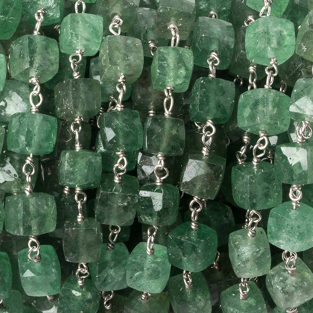 6mm Green Aventurine faceted cube .925 Silver Chain by the foot 29 pieces