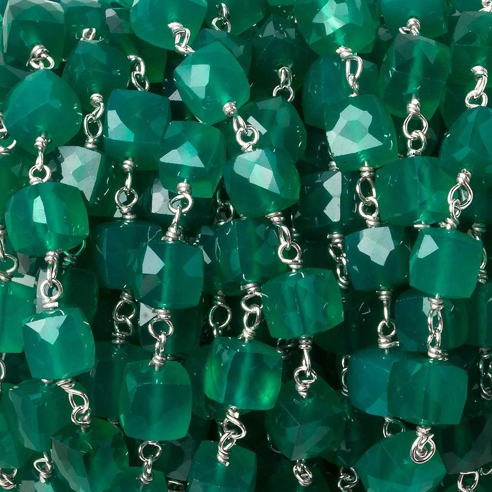6mm Green Onyx faceted cube .925 Silver Chain by the foot 29 pieces
