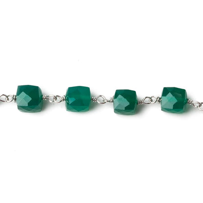 6mm Green Onyx faceted cube .925 Silver Chain by the foot 29 pieces