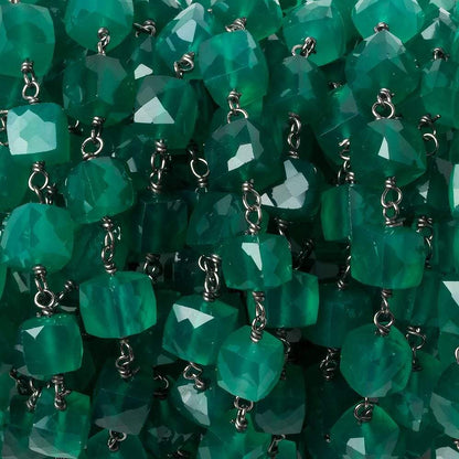 6mm Green Onyx faceted cube Black Gold .925 Silver Chain by the foot 29 pieces
