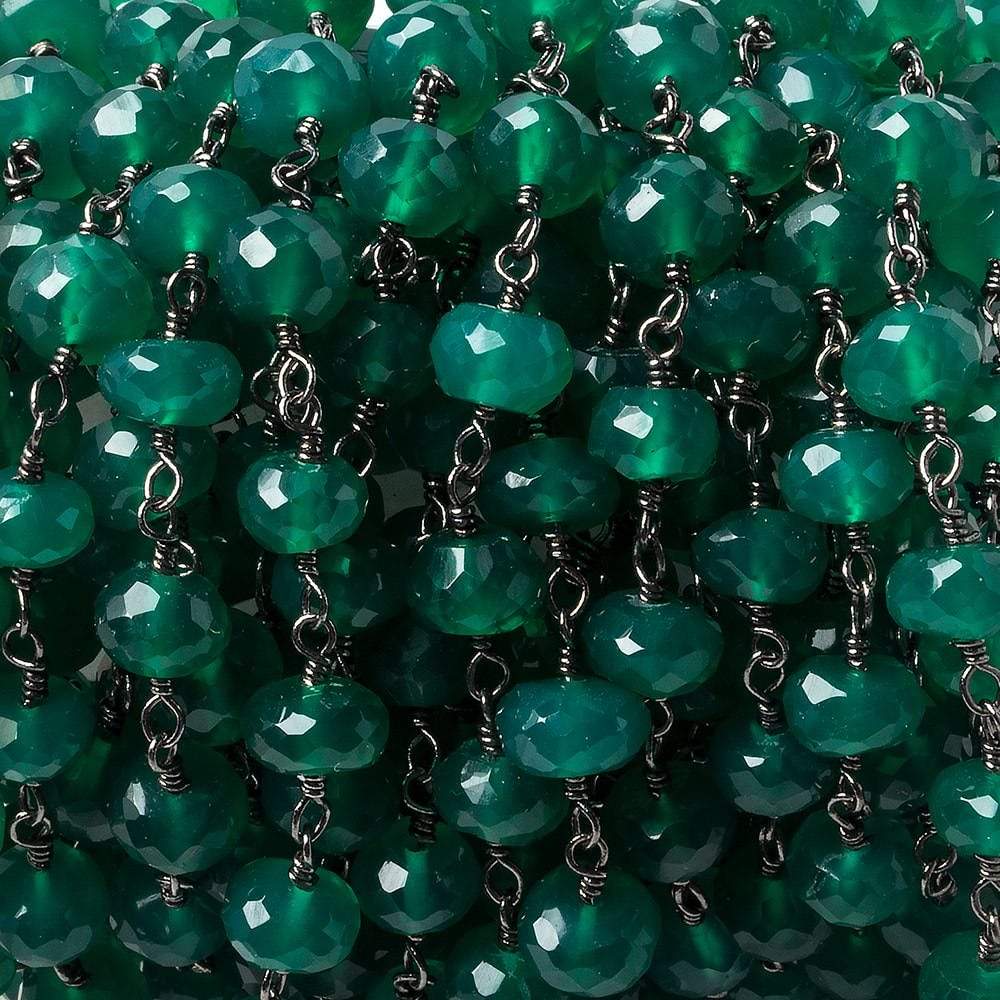 6mm Green Onyx faceted rondelle Black Gold Chain by the foot 30 pieces