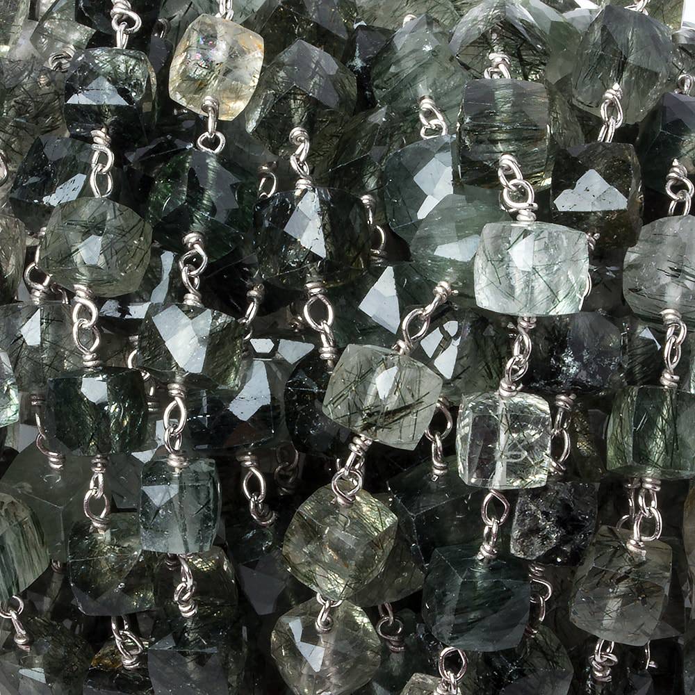 6mm Green Tourmalinated faceted cube .925 Silver Chain by the foot 29 pieces