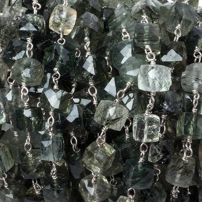 6mm Green Tourmalinated faceted cube .925 Silver Chain by the foot 29 pieces