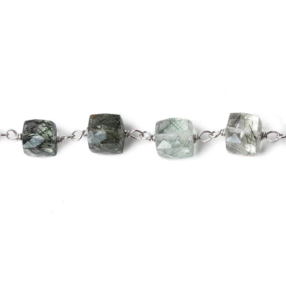 6mm Green Tourmalinated faceted cube .925 Silver Chain by the foot 29 pieces