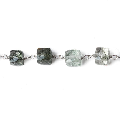 6mm Green Tourmalinated faceted cube .925 Silver Chain by the foot 29 pieces