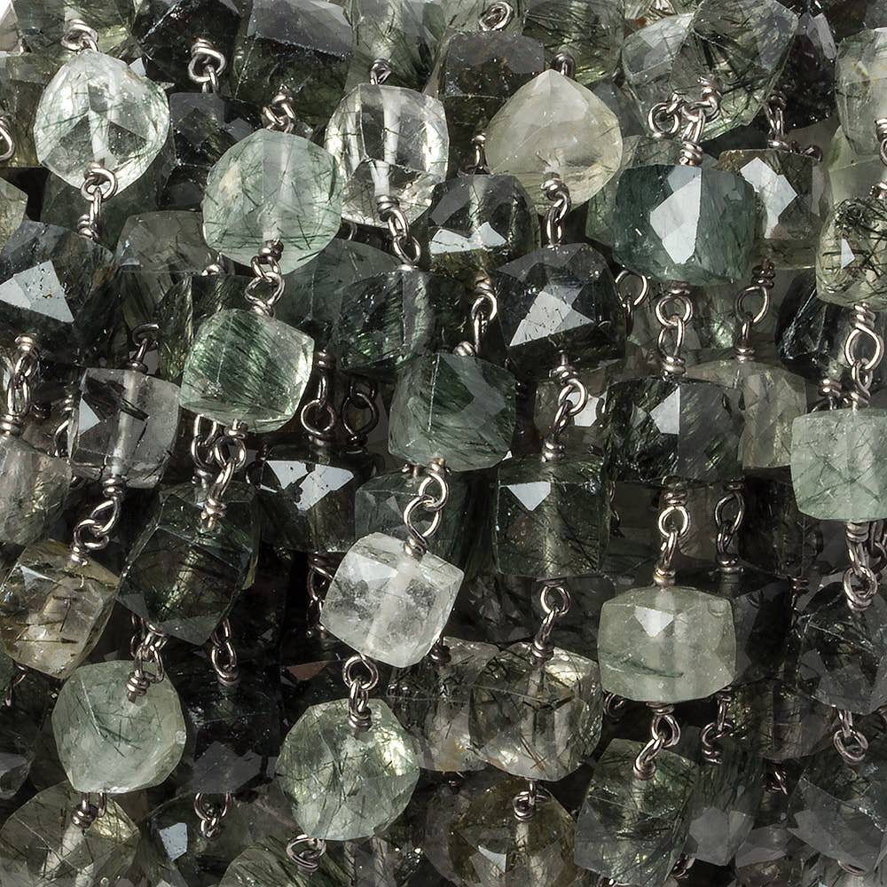 6mm Green Tourmalinated faceted cube Black Gold .925 Silver Chain by the foot 29 pieces