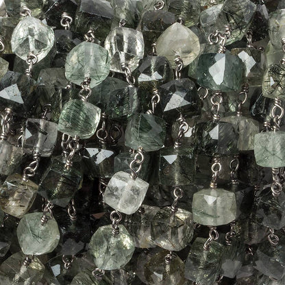 6mm Green Tourmalinated faceted cube Black Gold .925 Silver Chain by the foot 29 pieces