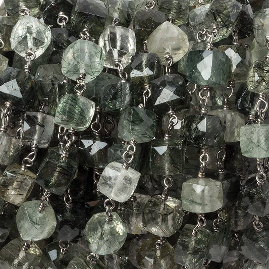 6mm Green Tourmalinated faceted cube Black Gold .925 Silver Chain by the foot 29 pieces