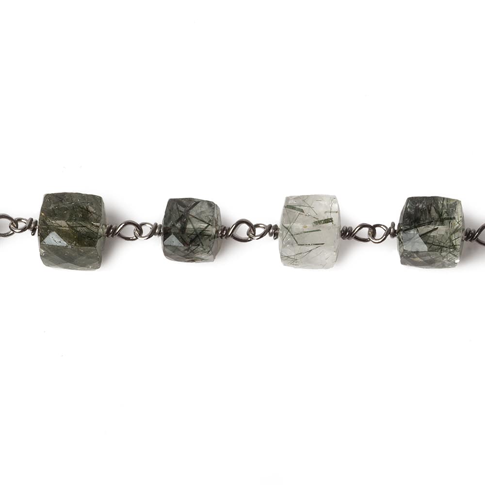 6mm Green Tourmalinated faceted cube Black Gold .925 Silver Chain by the foot 29 pieces