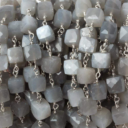 6mm Grey Moonstone faceted cube .925 Silver Chain by the foot 29 pieces