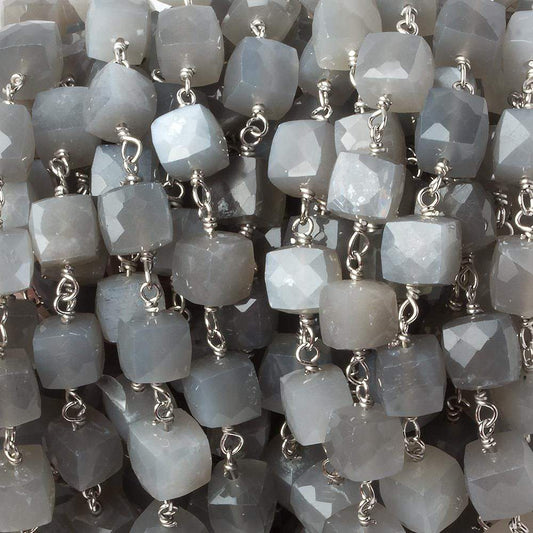 6mm Grey Moonstone faceted cube .925 Silver Chain by the foot 29 pieces