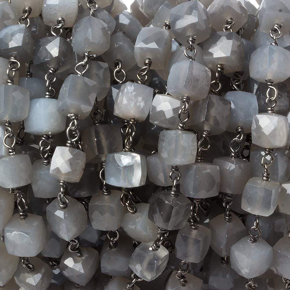 6mm Grey Moonstone faceted cube Black Gold .925 Silver Chain by the foot 29 pieces