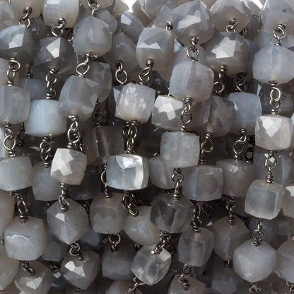 6mm Grey Moonstone faceted cube Black Gold .925 Silver Chain by the foot 29 pieces
