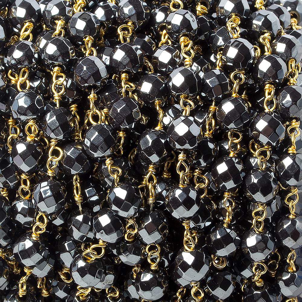 6mm Hematite faceted round Gold Chain by the foot 27 pieces