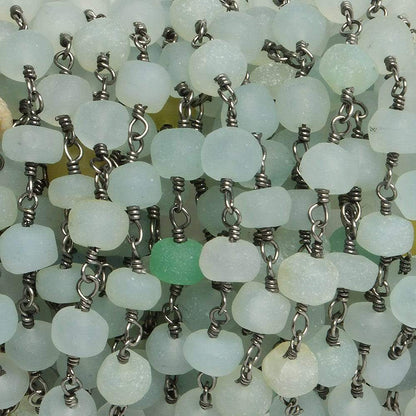 6mm Matte Beryl & Aqua rondelle Black Gold over .925 Silver Chain by the foot 30 pieces