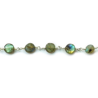7mm Matte Labradorite plain coin Silver plated Chain by the foot 25 beads per