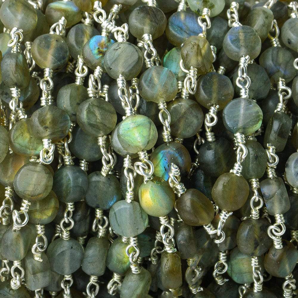 7mm Matte Labradorite plain coin Silver plated Chain by the foot 25 beads per