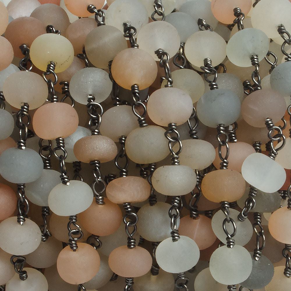 6mm Matte Multi Color Moonstone rondelle Black Gold plated Chain by the foot with approximately 27 pieces