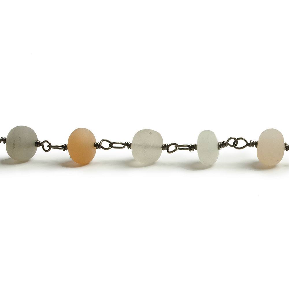6mm Matte Multi Color Moonstone rondelle Black Gold plated Chain by the foot with approximately 27 pieces