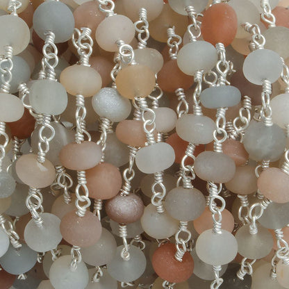 6mm Matte Multi Color Moonstone rondelle Silver plated Chain by the foot with approximately 27 pieces