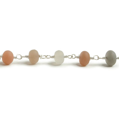 6mm Matte Multi Color Moonstone rondelle Silver plated Chain by the foot with approximately 27 pieces