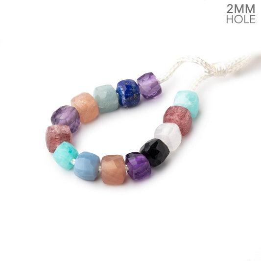 6mm Multi Gemstone 2mm Large Hole Faceted Cube Beads Set of 13