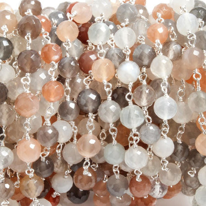 6mm Multi Moonstone faceted round .925 Silver Chain by the foot 27 beads