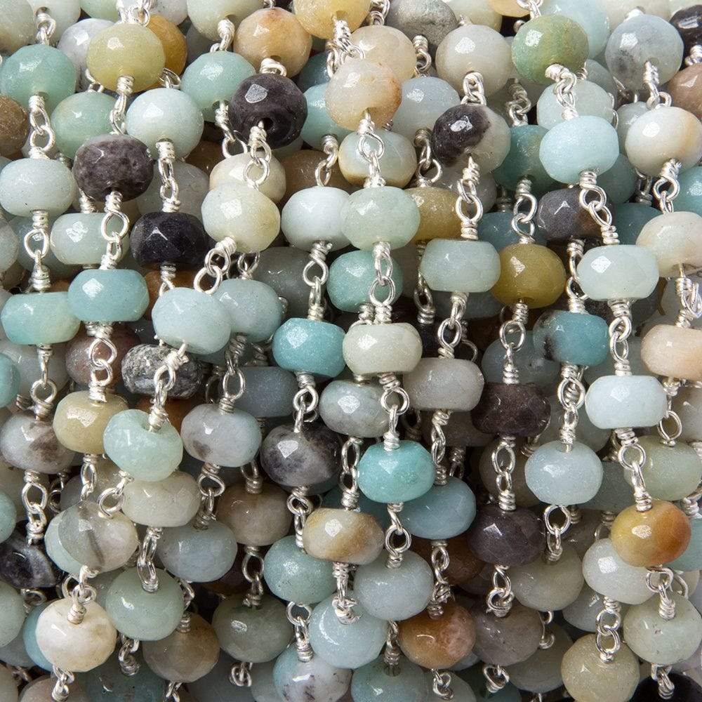 6mm MultiColor Amazonite faceted rondelle Silver chain by the foot 31 pcs
