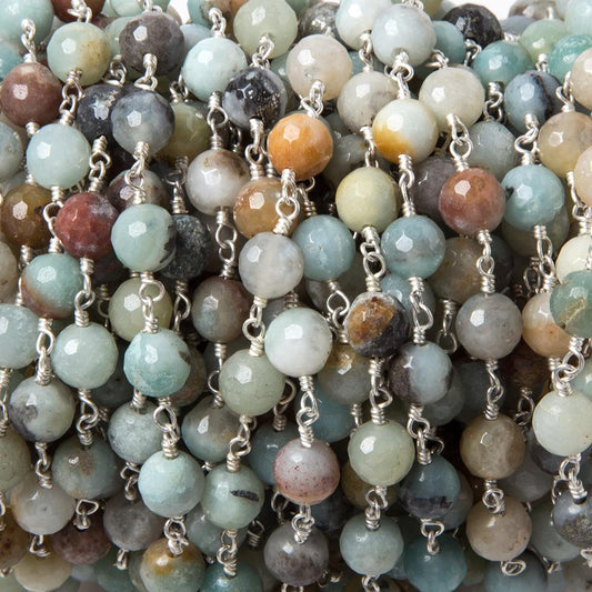 6mm MultiColor Amazonite faceted round Silver chain by the foot 26 pcs