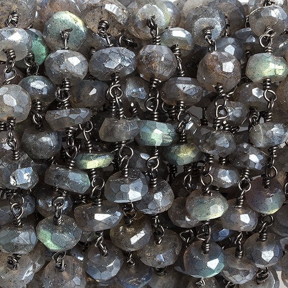 6mm Mystic Labradorite faceted rondelle Black Gold Chain by the foot 32 beads