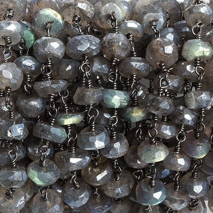 6mm Mystic Labradorite faceted rondelle Black Gold Chain by the foot 32 beads