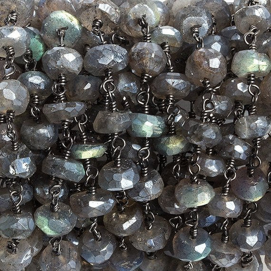 6mm Mystic Labradorite faceted rondelle Black Gold Chain by the foot 32 beads