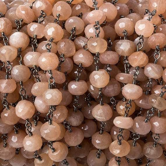 6mm Peach Moonstone faceted rondelle Black Gold Chain by the foot 30 pcs