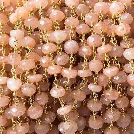 6mm Peach Moonstone faceted rondelle Gold Chain by the foot 30 pcs