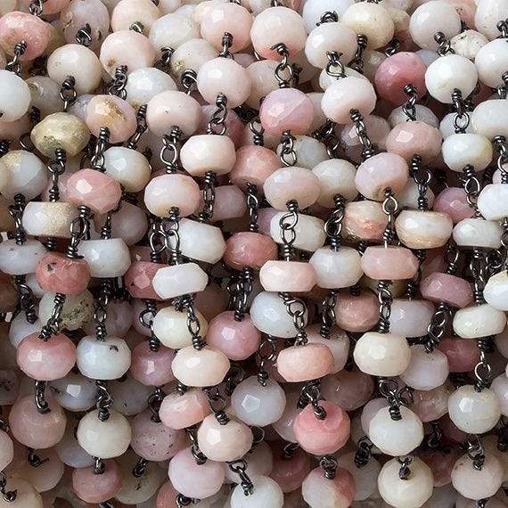 6mm Pink Peru Opal faceted rondelle Black Gold Chain by the foot 30 pcs