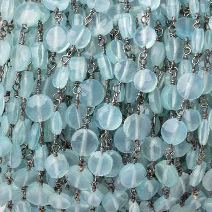 6mm Powder Blue Chalcedony Faceted Coin on Black Gold Plated Chain