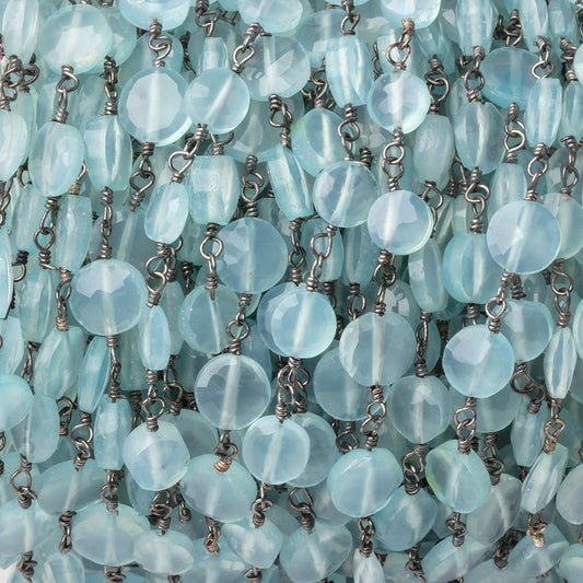 6mm Powder Blue Chalcedony Faceted Coin on Black Gold Plated Chain